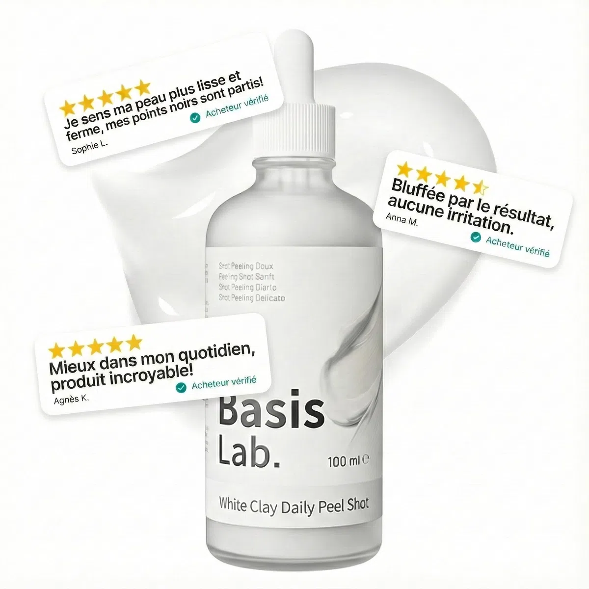 Peel Shot - Vulkan & Weisser Ton - Sanfte Porenreinigung & Tiefenpflege mit Centella & Hyaluron - Gegen Mitesser - 100ml (1x Vulkanerde + 1x Französische Tonerde, 1+1 Duo Basis Lab)