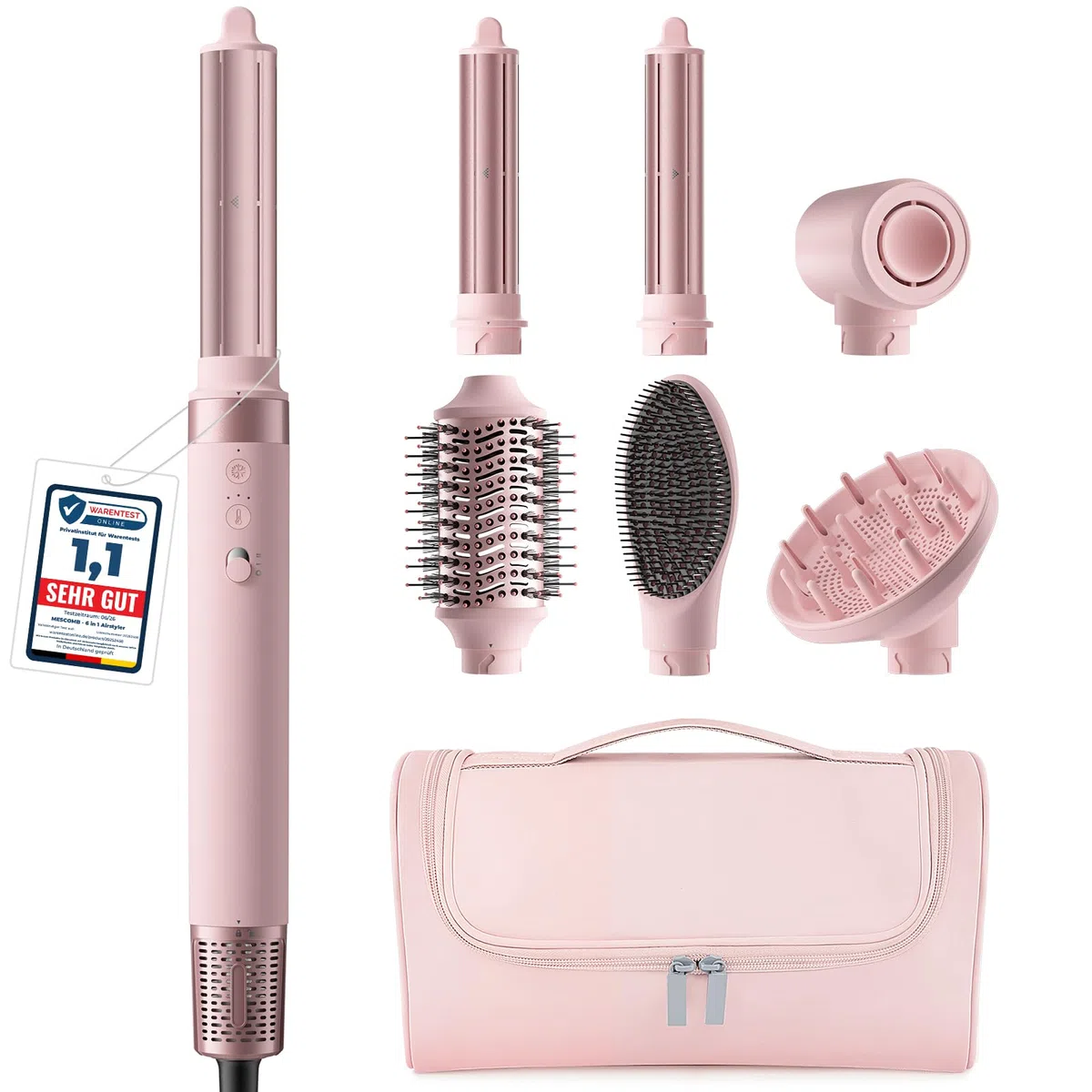 MESCOMB 6-in-1 Airstyler mit Diffusor, Warmluftbürste mit Auto-Wrap Lockenstab, Ionen Haartrockner Bürste mit Volumenbürste & Glättbürste, Hairstyler für Locken, Glätten, Volumen, mit Reisetasche