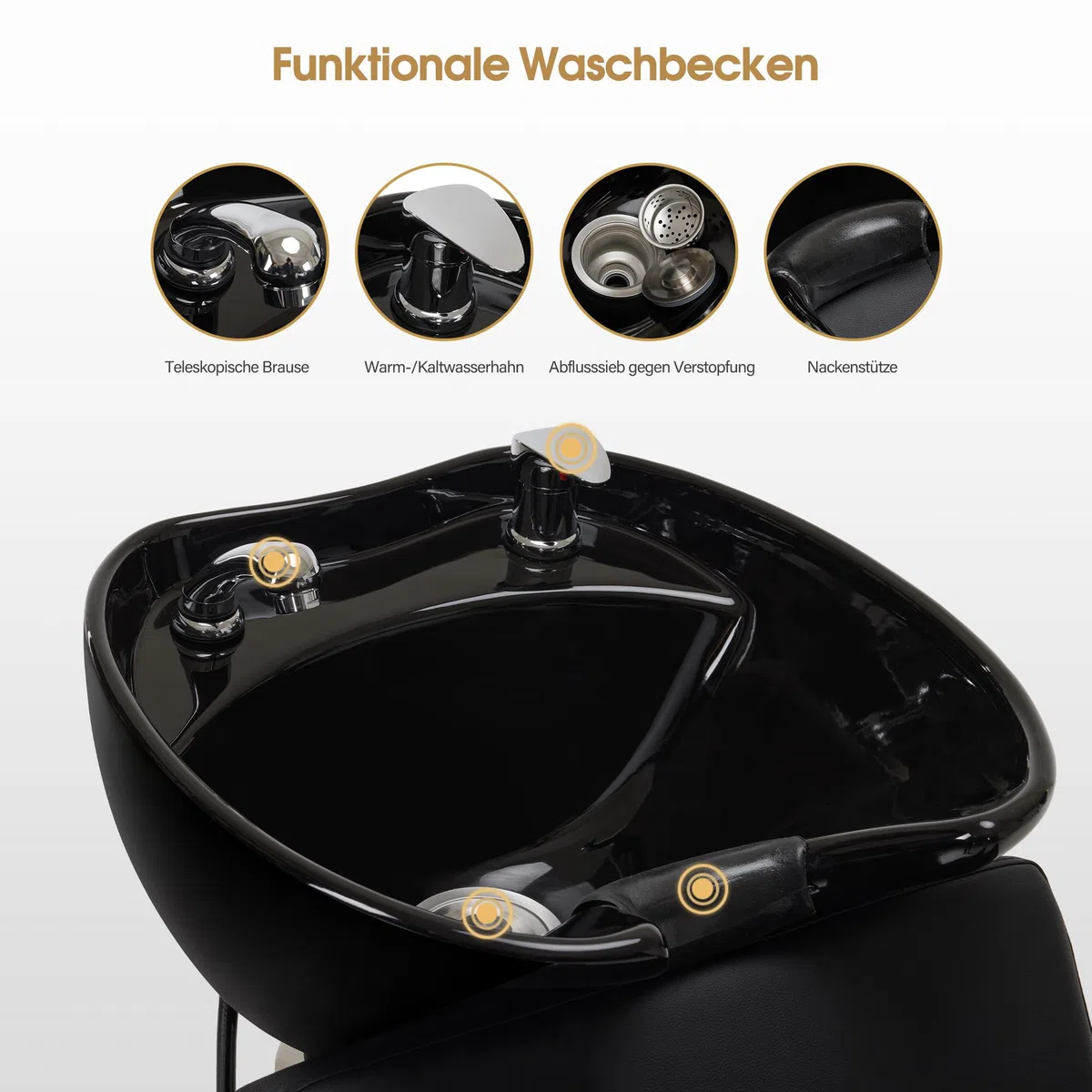 Barberpub Friseurstuhl mit Waschbecken, Klappbare Beinstütze, Friseurwaschbecken aus Keramik Verstellbar, Friseurwaschsessel für SPA Salon, Friseur Waschplatz W8675 (Schwarz)