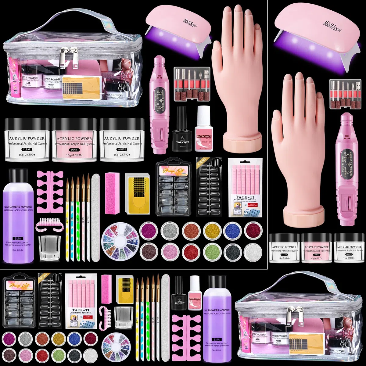 Yokilly Acryl Nagelset Starterset für Anfänger: Acryl Pulver Nails Nägel Starterset mit Acrylpulver für Nägel Übungshand UV Lampe Nagelfräser - Nägel Selber Machen Nagelstudio Set