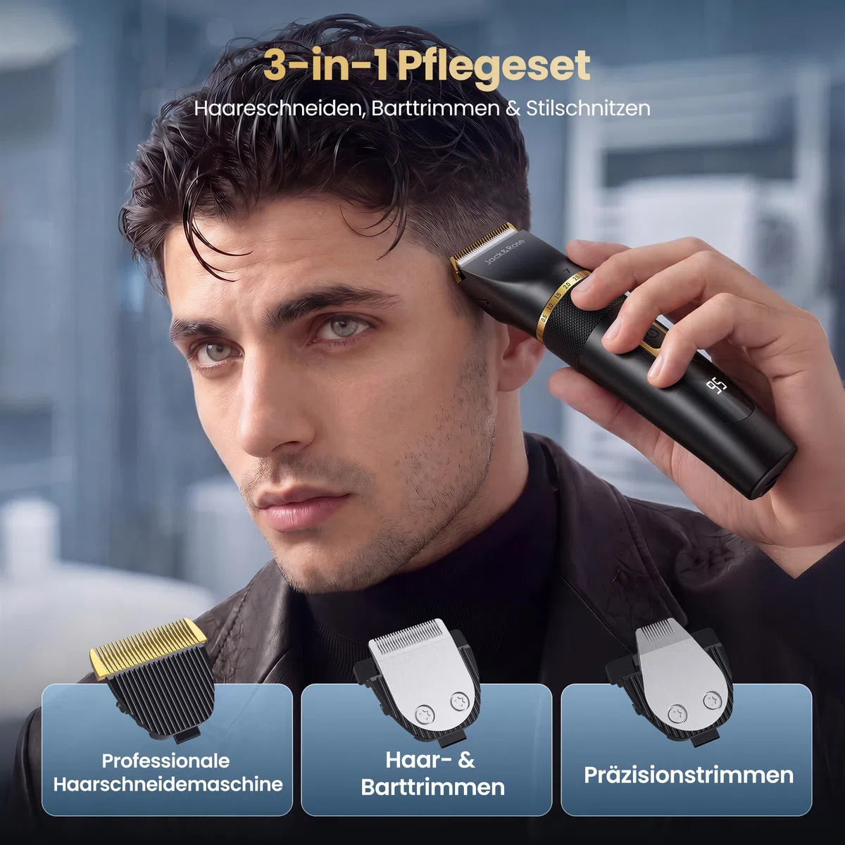 Jack&Rose 3-in-1 Haarschneidemaschine Profi Haarschneider Barttrimmer Kabellos Keramikklinge IPX6 Wasserdicht Wiederaufladbar USB-C