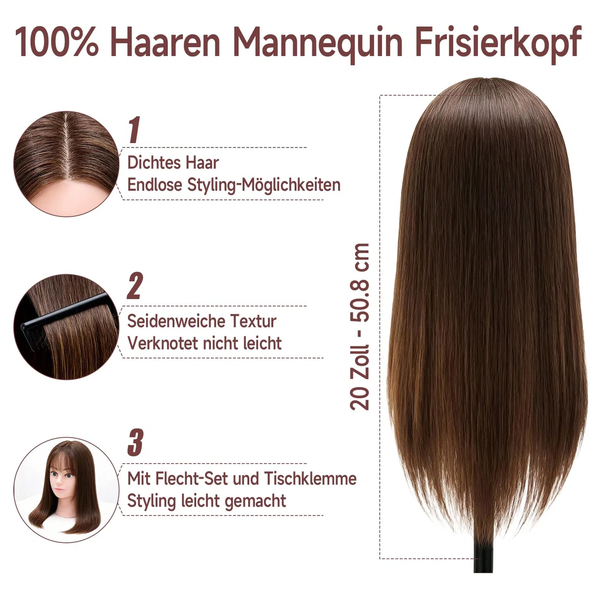 TwoWin Friseurkopf 20 Zoll 50.8 cm 100% Echthaar Mannequin Kopf Übungskopf Haar Friseur Trainingsköpfe Styling Friseurpraxis Braun
