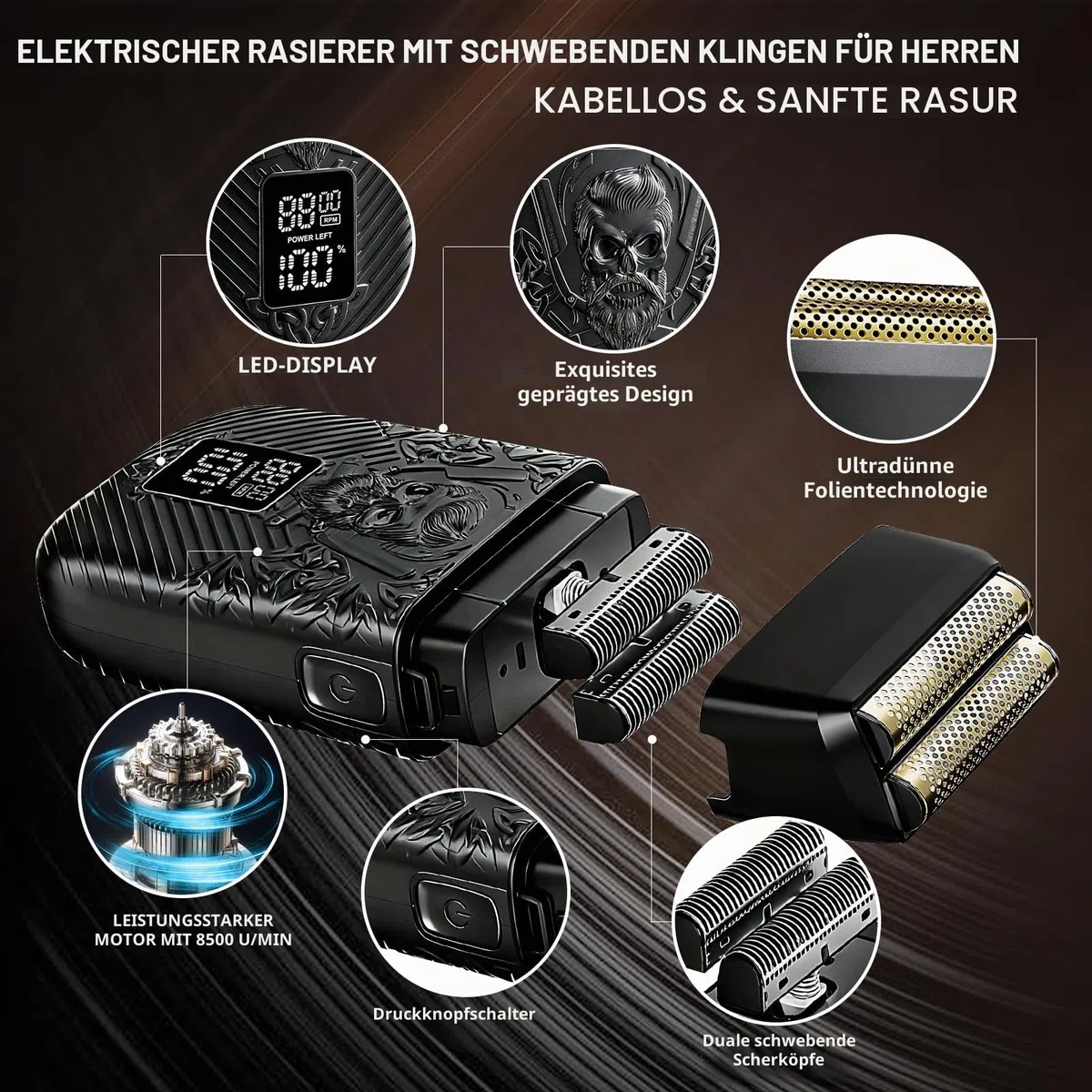 BESTBOMG Professionelle Schnurlose Herren Haarschneidemaschine & Bartschneider und Elektrische Rasierer Sets & Kits, Metall Haarschneidemaschine Schneide- und Pflegeset mit langer Akkulaufzeit für den