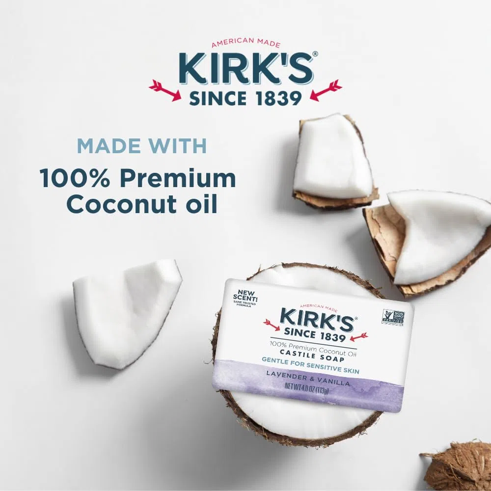 Kirk's Kastilienseife in Bar für Männer, Frauen und Kinder: Hergestellt mit Premium-Kokosöl-Formel für empfindliche vegane Haut, gentechnikfrei, Lavendel- und Vanilleriegel, 113 g