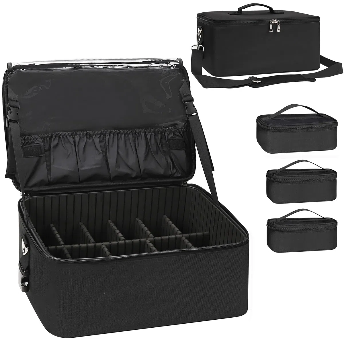 Relavel Extra großer Make-up-Koffer, professionelle Kosmetik-Aufbewahrungsbox, Pinselhalter mit 4 transparenten Taschen und Lippenstift-Platte für Make-up-Künstler, Schwarz (Black PRO), Large