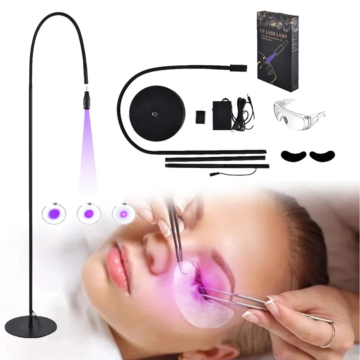 UV-Licht für lichthärtenden UV-Wimpernkleber, UV-Wimpernlampe für Wimpernverlängerungen + Augenklappe + Schutzbrille + Fußschalter, Kleber härtet in 1–3 Sekunden aus,Black