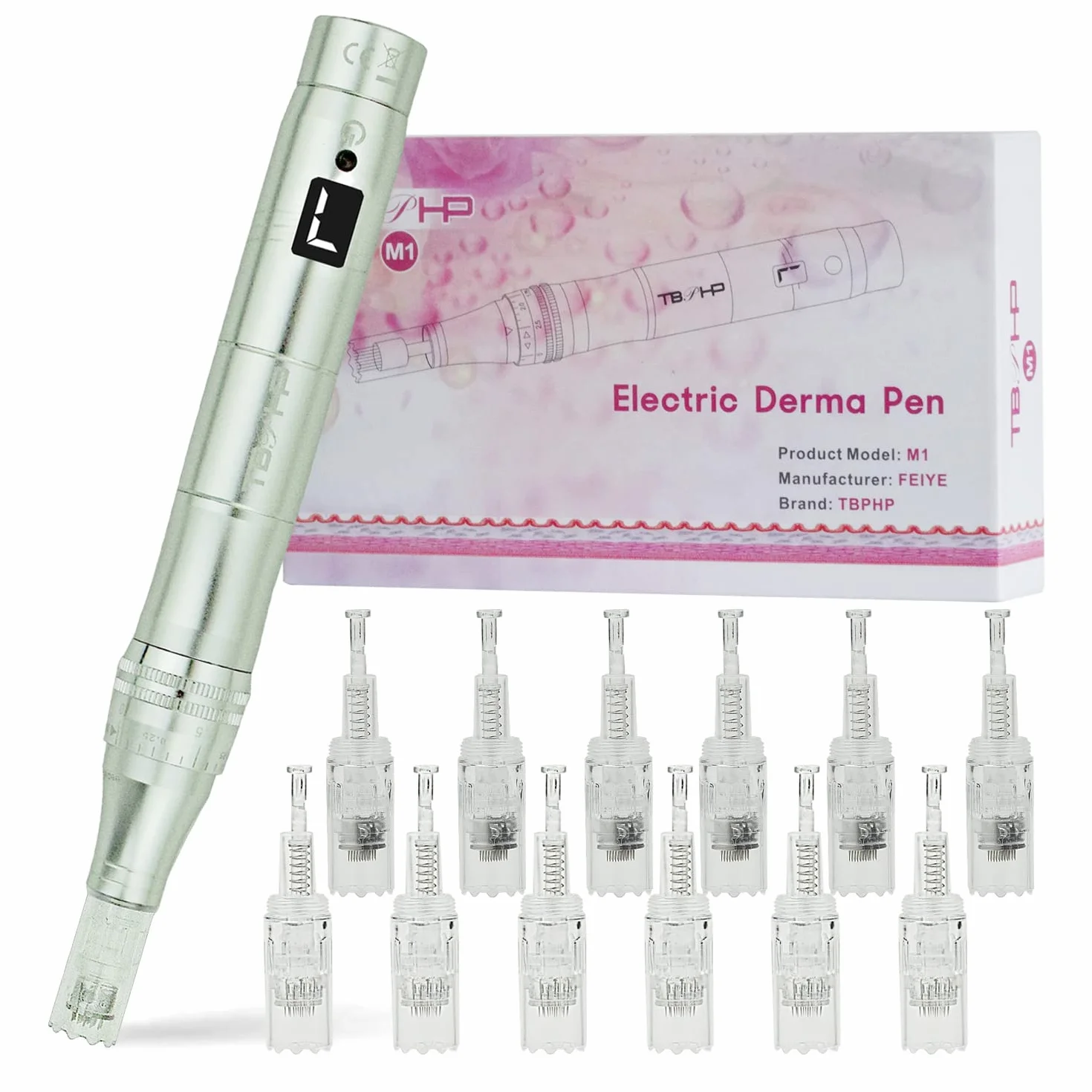 Dermapen mit LCD Bildschirm 7 Geschwindigkeitsstufen einstellbare Länge 12 Köpfe Patronen Silber
