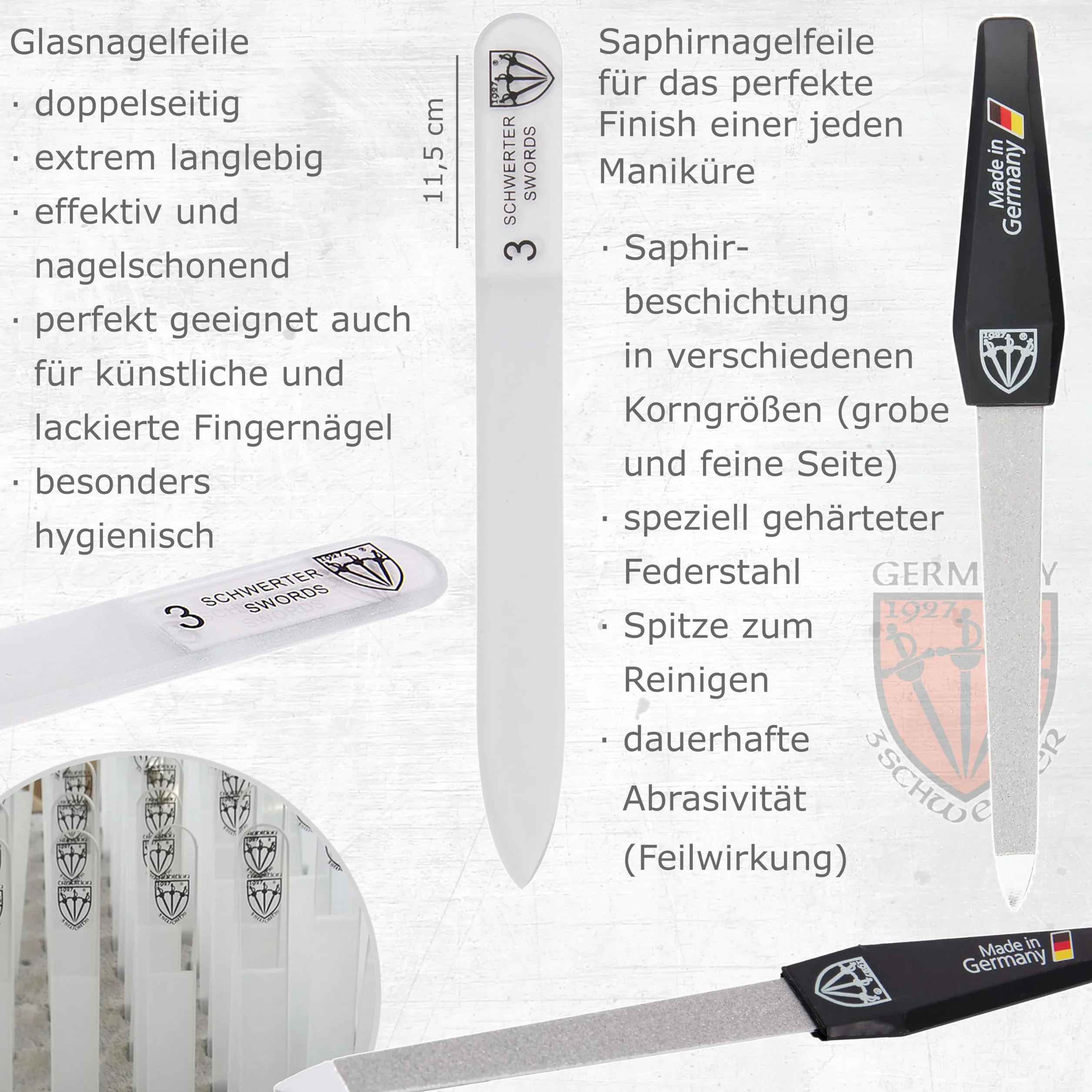 DREI SCHWERTER - Maniküreset 'Roma' - Nageletui mit 8 Instrumenten: Nagelschere, Hautschere, Fuß/Finger-Nagelknipser, Nagelreiniger, Pinzette, Glasnagelfeile, Saphirnagelfeile - carbon/schwarz