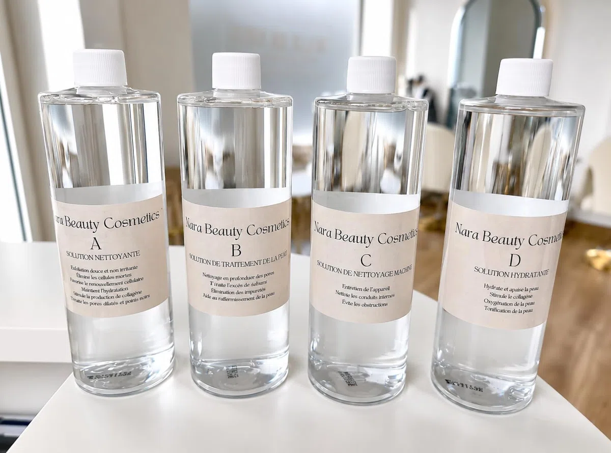 Nara Beauty Cosmetics Set für Hydrafacial-Maschinen, 4 x 500 ml, Reinigungslösungen, Behandlung, Feuchtigkeitsversorgung und Maschinenpflege
