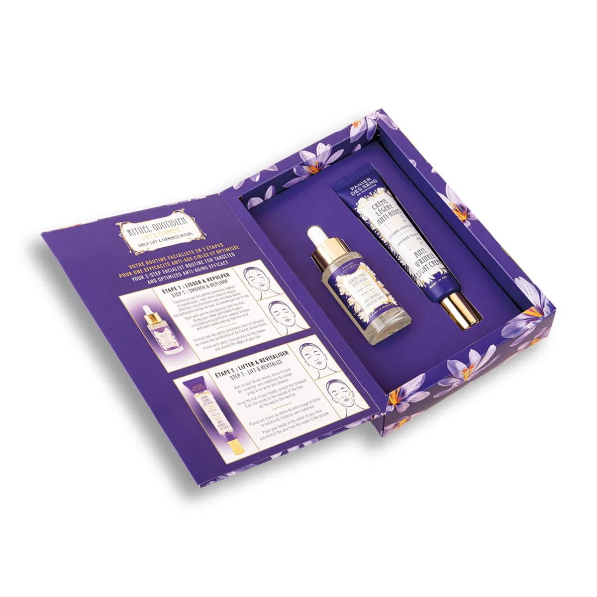 Panier des Sens - Hautpflege-Set - Anti-Aging-Routine Lift & Straffung | Leichte Creme & Serum gegen Falten mit Saffron Extrakt - Set für Frauen - Feuchtigkeitscreme für das Gesicht - 30ml & 50ml