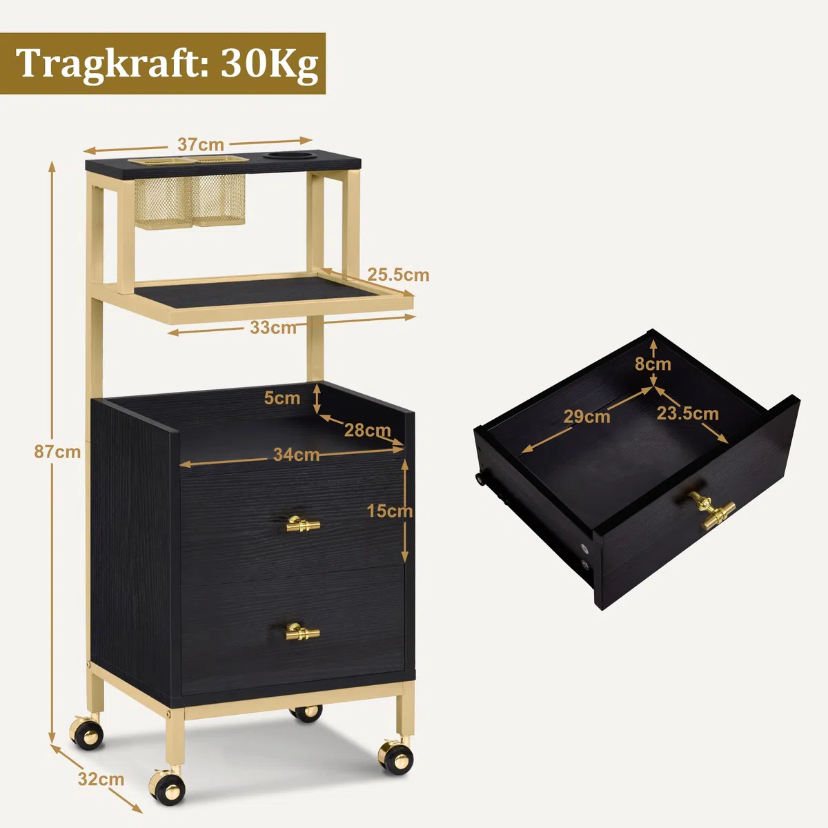 Barberpub Friseurwagen mit Rollen & 2 Schubladen, Salon Trolley mit 2 Ablagen & Föhnhalter, 32x37x87cm, Schwarz-Gold
