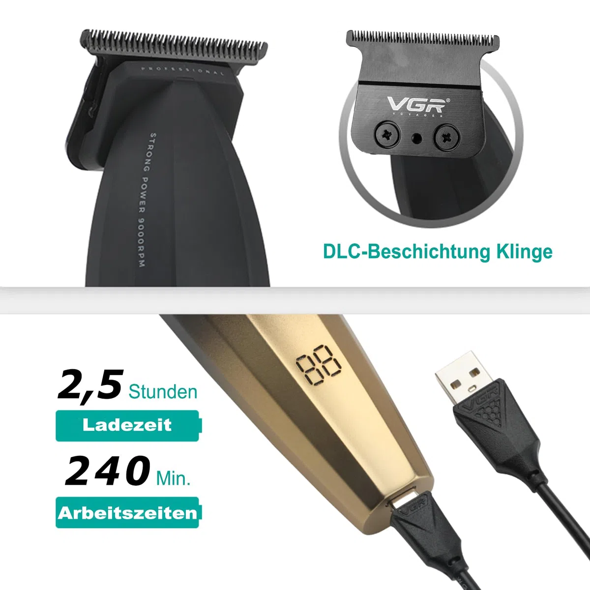 VGR Haarschneidemaschine Set für Herren Professioneller Haarschneider Haartrimme Kit Barber Friseur Pflegeset Zero Gap T-Blade Trimmer mit 9 Führungskämmen für Haare, Bart, Konturenstyling