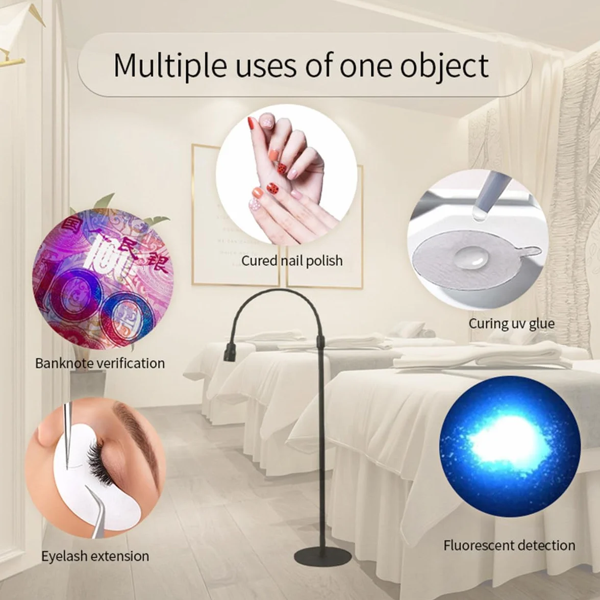 UV-Licht für lichthärtenden UV-Wimpernverlängerungskleber, UV-LED-Wimpernverlängerungslicht + Augenklappe + Schutzbrille + Fußschalter,Einstellbare Punktgröße,10 W flexibler Schwanenhals,White