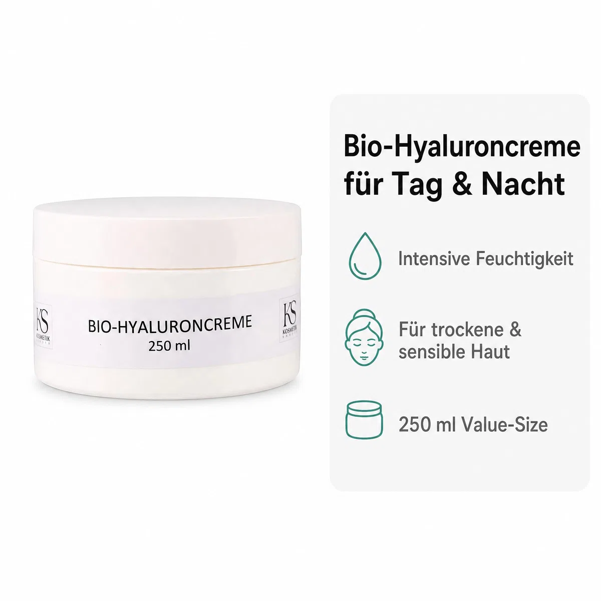 KS Beauty Bio Hyaluroncreme, Tages- & Nachtcreme für trockene Haut, 250 ml | Reichhaltige Feuchtigkeitscreme mit Hyaluronsäure, Q10, Niacinamid & Aloe Vera – dermatologisch getestet, Made in Germany
