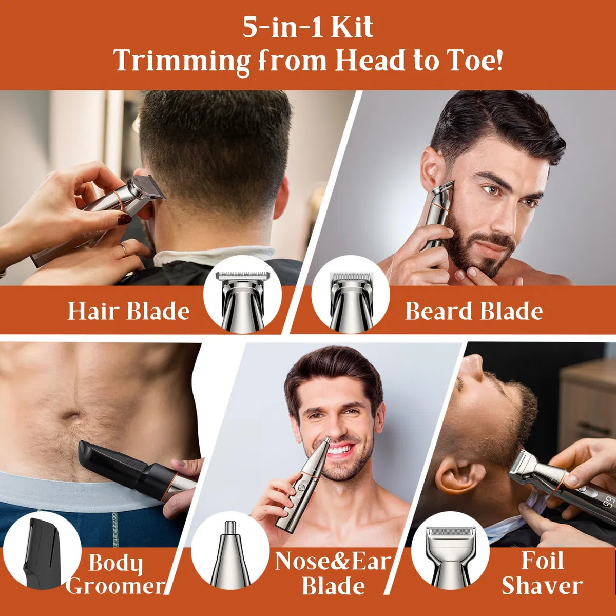 BarberBoss rasierer herren elektrisch, bartschneider herren, 5-in-1 Pflegeset für Männer, Haarschneidemaschine, Bartschneider-Set, Detailrasierer, Präzisionstrimmer für Nase, Ohren & Körper, QR-6010
