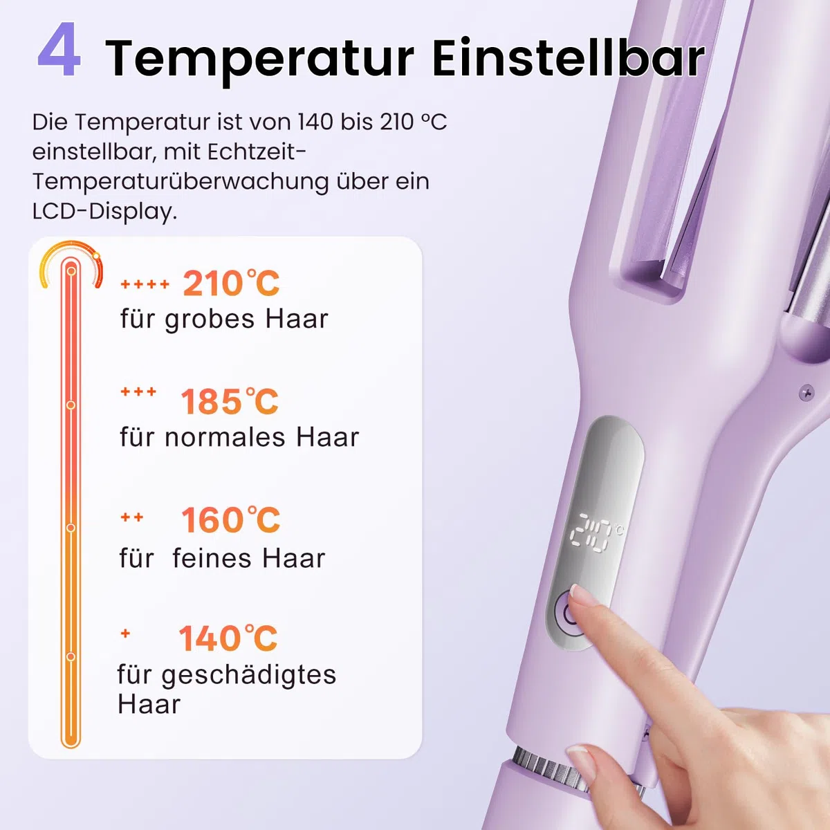 Einstellbar Welleneisen für Haare 4 In 1 Beach Waves Lockenstab 22-38mm 3 Fässer 140-210°C Lila