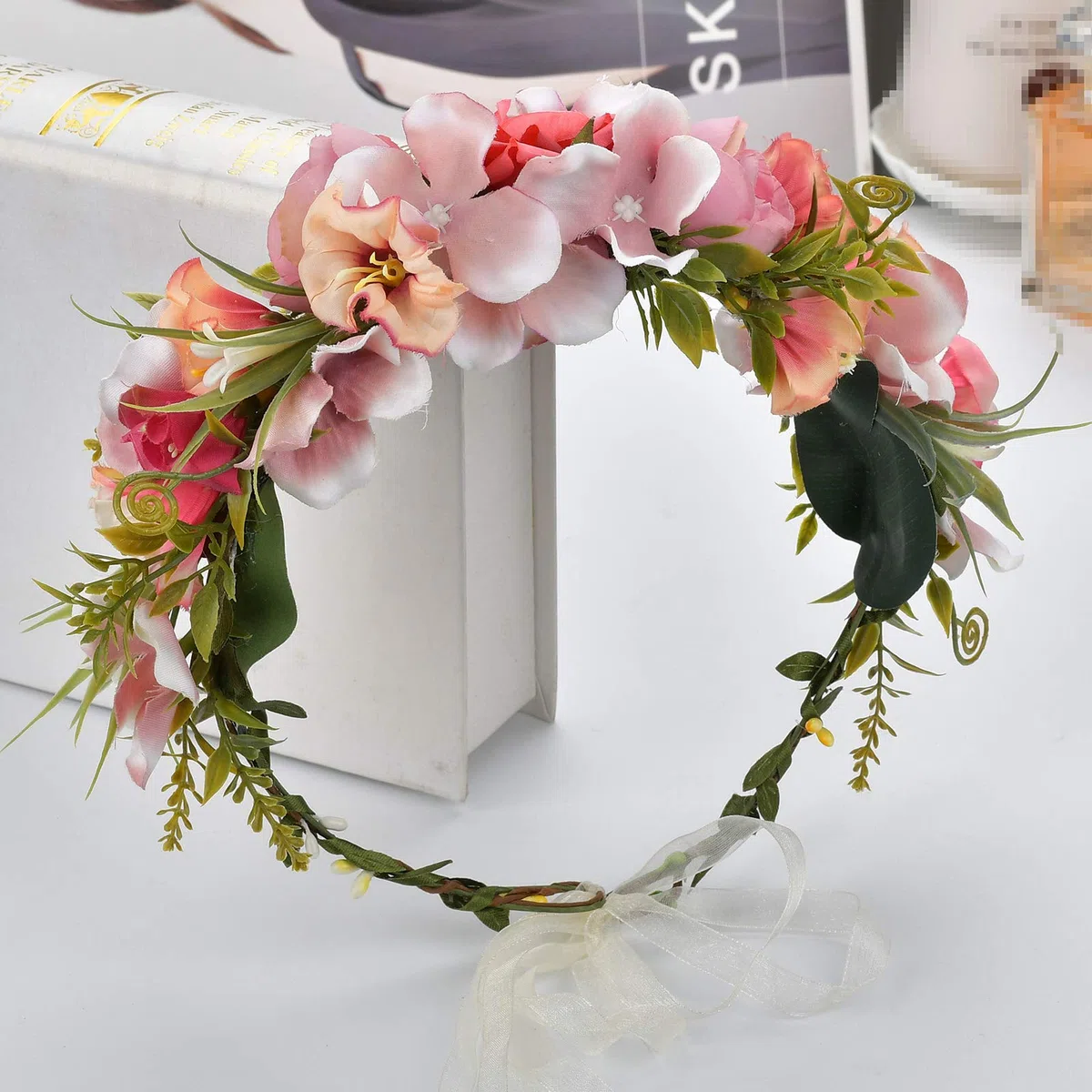 Blumenkrone für Damen, Boho-Stil, Blumenkranz, Blumenkranz, Halo-Kopfschmuck mit Band, Hochzeit, Party, Fotos, rosig