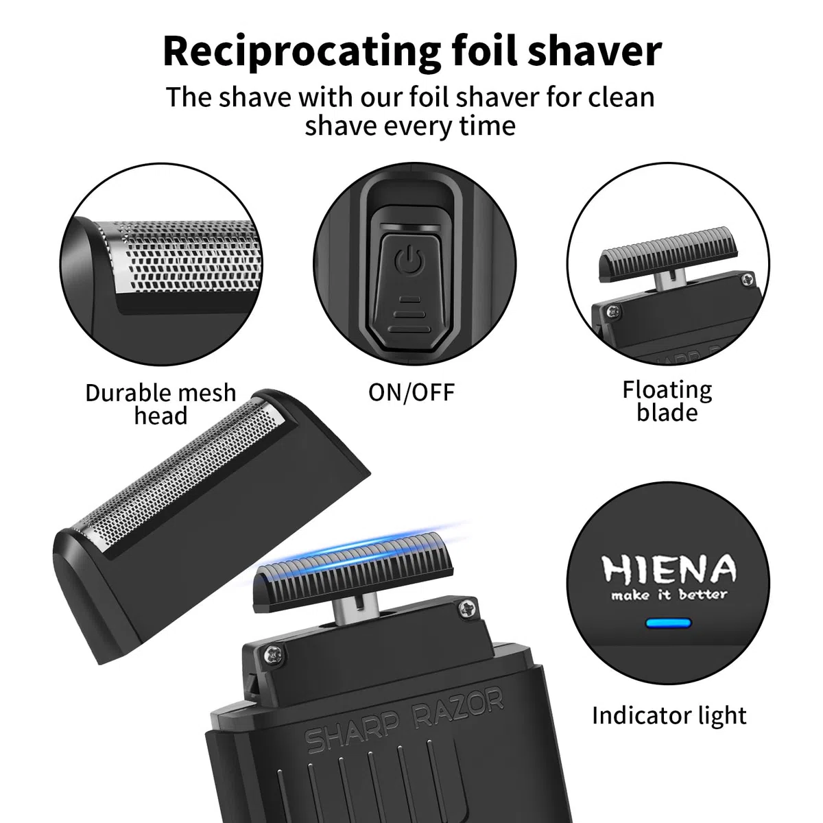 HIENA PRO Professionelles Haarschneidemaschine Set für Männer, schnurloser Friseurschneider und elektrischer Folienrasierer, Nasenhaartrimmer, Haarschneide-Set, R-Type verstellbare Klinge, LED-Anzeige