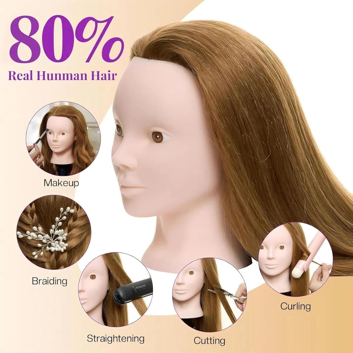 Neverland 24 Zoll Schminkkopf Frisierkopf mit Ständer 80% Echthaar Übungskopf Trainingsköpfe Friseurkopf mit Halter + Hair Styling Braid Set