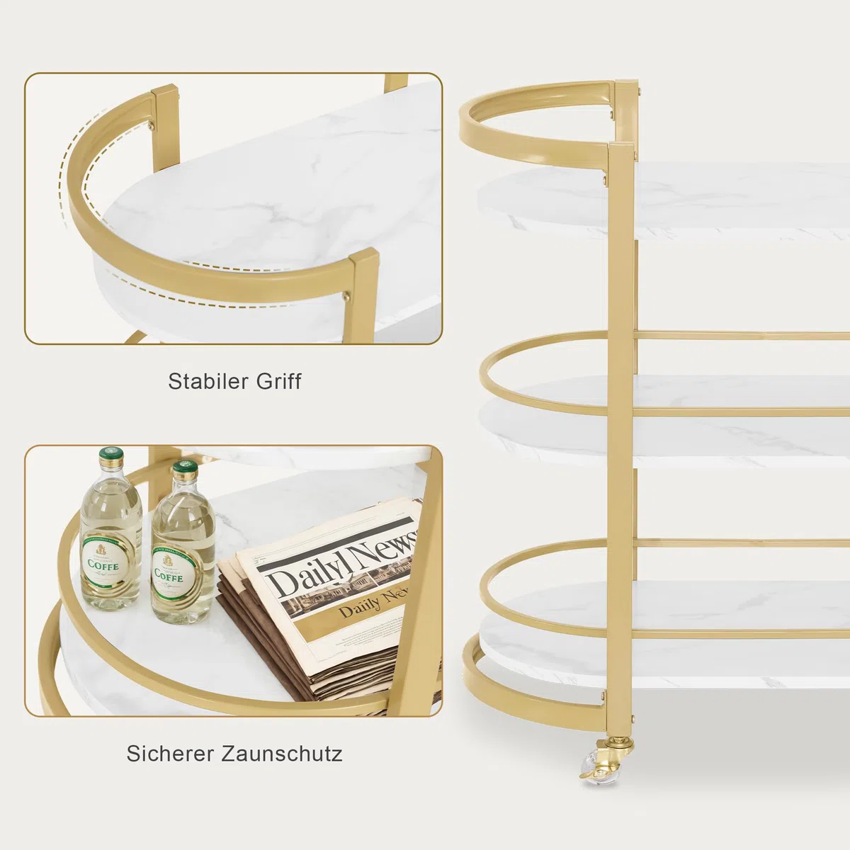 M MCombo Servierwagen mit Rollen, Küchenwagen Barwagen Metallgestell Weiß-Gold, 3 Ebenen, 40x75,5x80