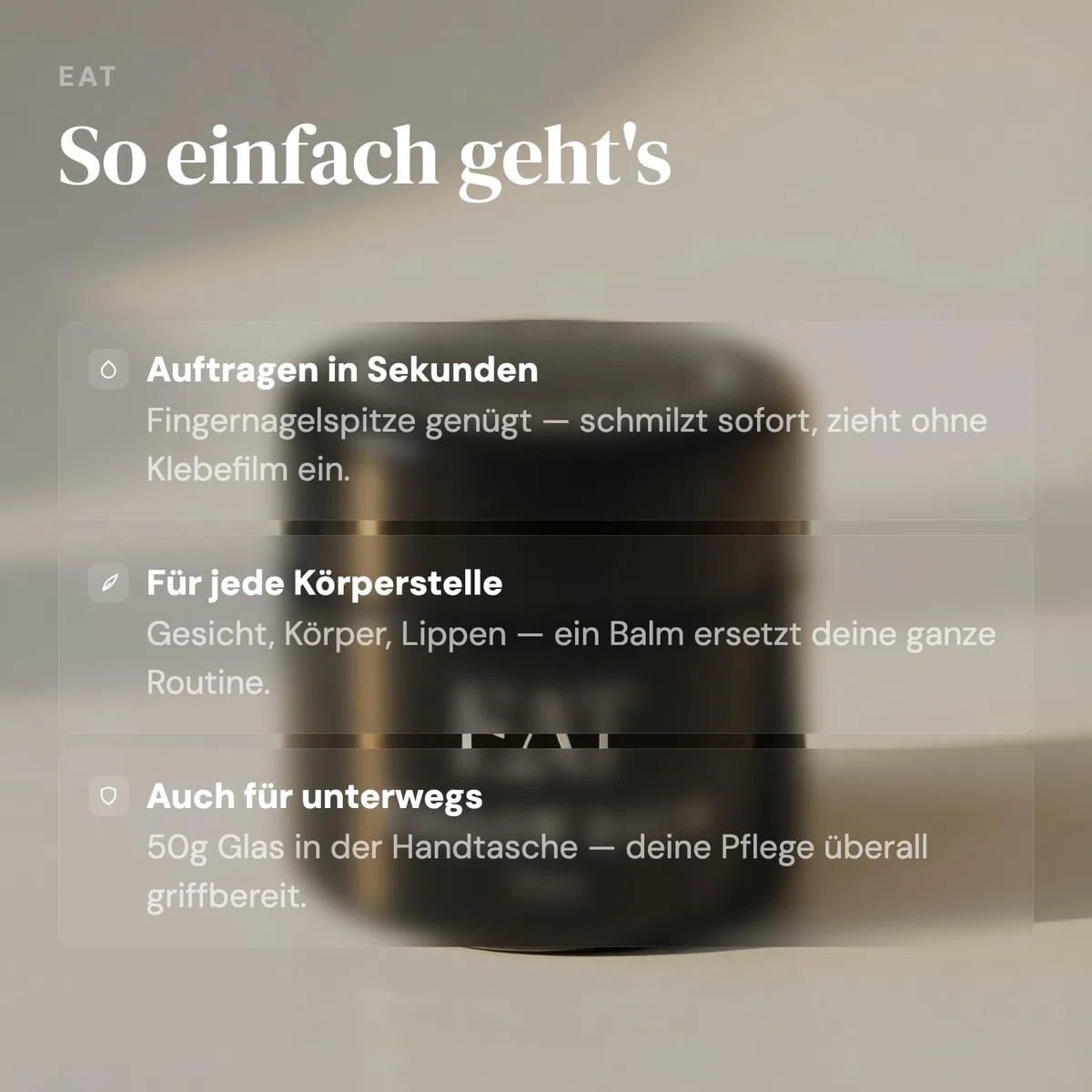 EAT Tallow Balm Pure Bio – Natürliche Hautpflege mit Rindertalg vom Deutschen Weiderind – mit Bio-Olivenöl – Gesicht, Körper & empfindliche Haut – 2 Inhaltsstoffe - Creme für Allergiker (100 ml)