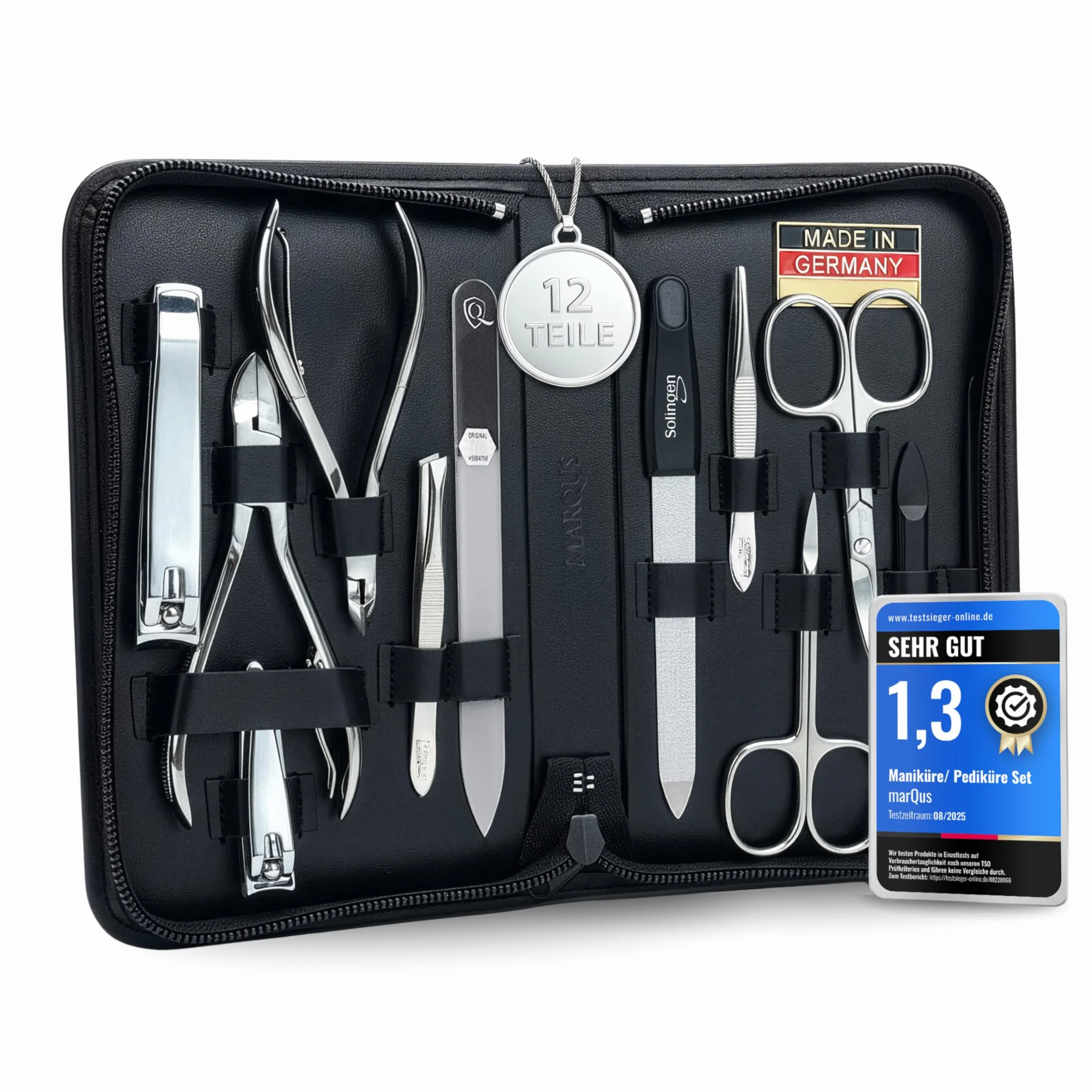 Marqus Solingen Komplett Maniküre Set 12 Teilig - Made in Germany, Nagelpflegeset in Hochwertigem Lederetui - Vollwertiges Set Und Perfektes Geschenk Für Frau & Mann