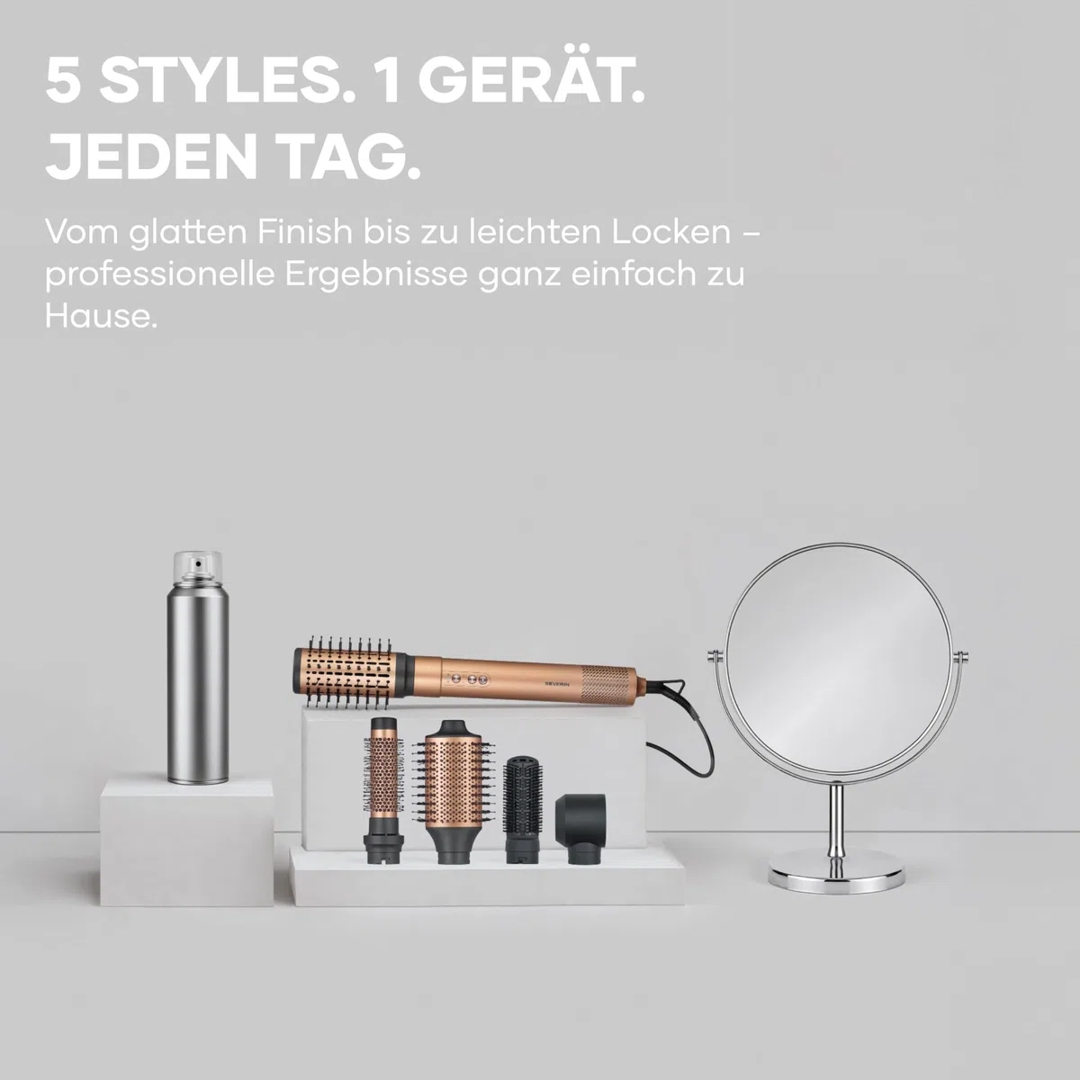 Severin 5-in-1-Airstyler, Volumisieren, Locken und Glätten, 5 Aufsätze, Multi-Haarstyler, Hairstyler-Set, Ionen-Föhn, Trockner, Beach-Wave, S-Style Multi-Styler Pro copper, kupfer/schwarz, WL 0685