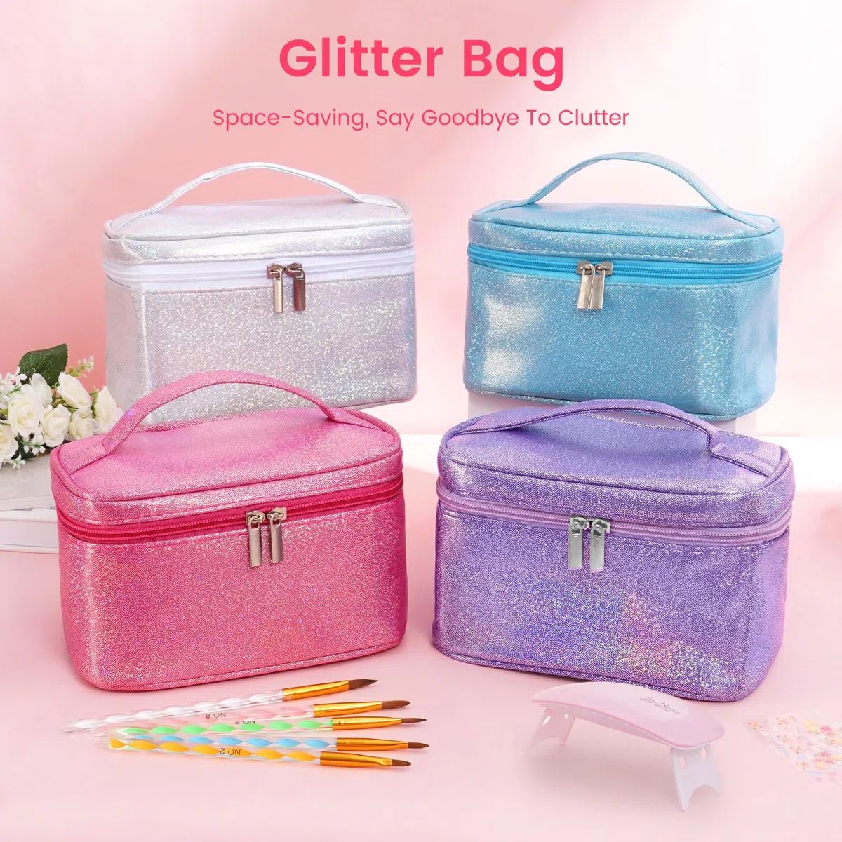Acryl Nagelset Starterset für Anfänger: 4 Farben Acrylpulver für Nägel mit Übungsfinger Lampe Nagelfräser - Acryl Pulver Nails Selber Machen Nagelstudio Set in Glitter Tasche für Salon (Rose Rot)