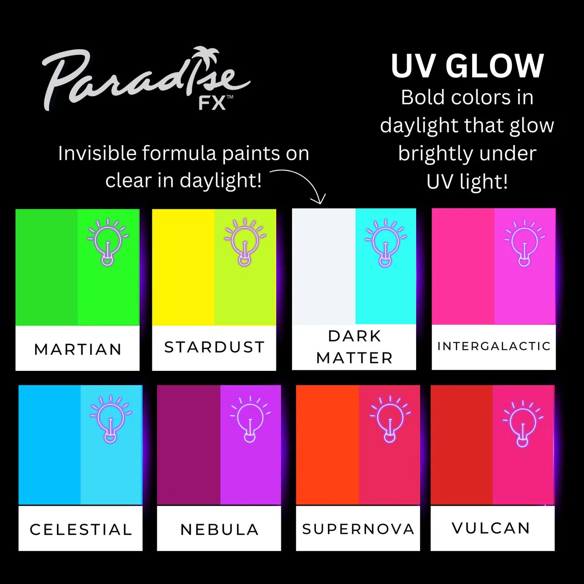 Mehron Paradise Make-up AQ 8 Color (Neon UV Glow) | Magnetische nachfüllbare Körperfarben- und Gesichtsfarben-Palette | Professionelle Schminke für Kostüme, SFX, Halloween & Cosplay
