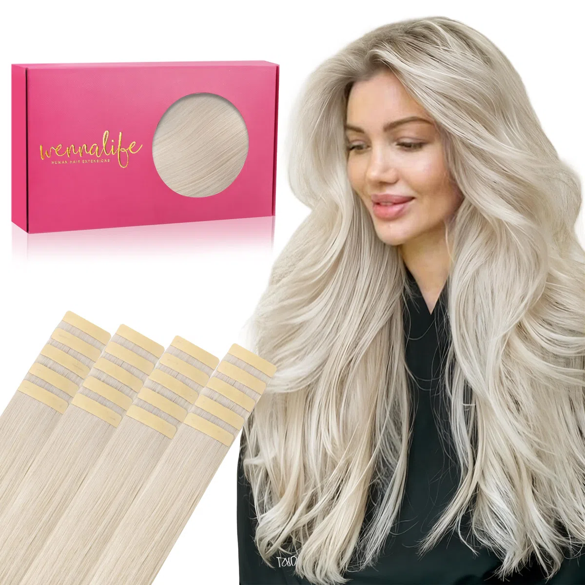 WENNALIFE Tape Extensions Echthaar 50cm 20 Zoll Platinblond Remy Invisible Seidig Gerade Skin Weft