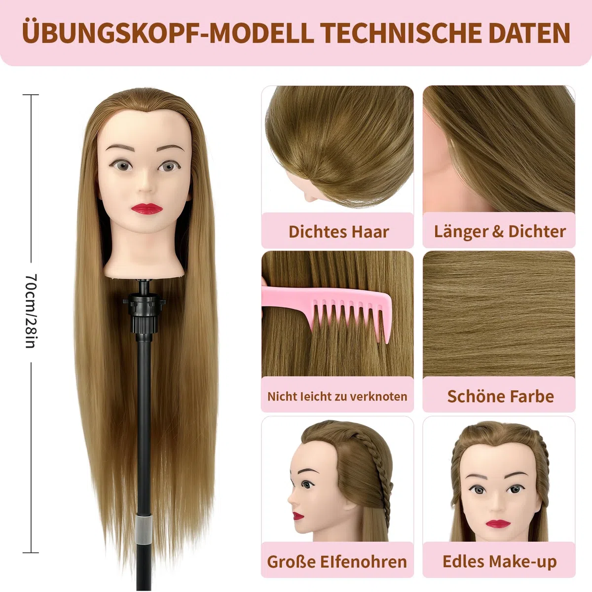 Trainingskopf 28 Zoll Hochtemperaturfaser Haar für Friseure DIY Frisuren Set Gold
