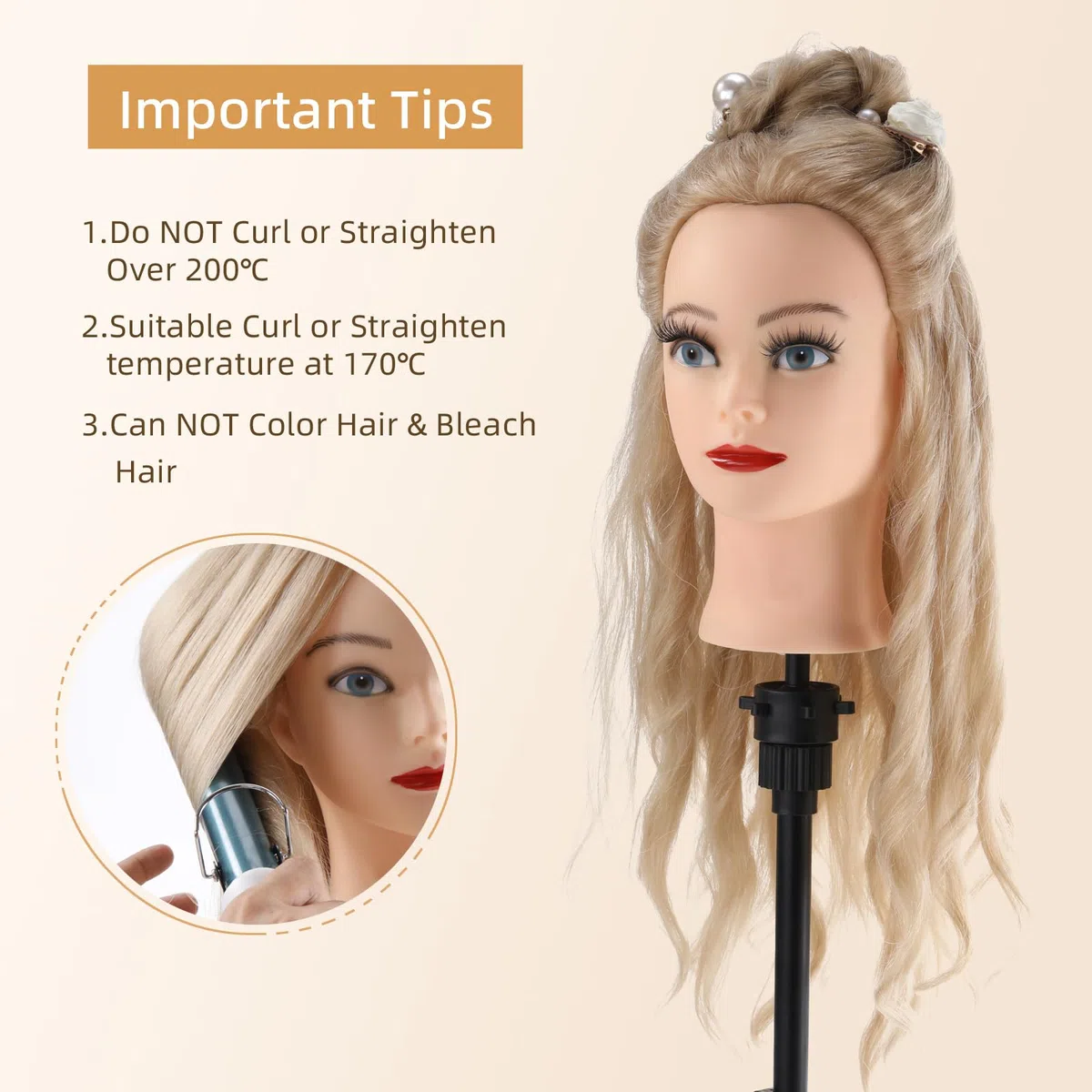 Frisierkopf mit Übungskopf Ständer 70% Echthaar Puppenkopf zum Frisieren Trainingsköpfe für Friseure Ausbildung Kopf mit Tischklemme, DIY Haarflecht Set (Blond)