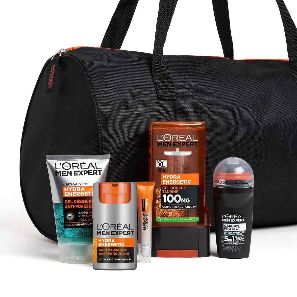L'Oréal Men Expert – Energie-Routine-Tasche für Herren – Gesichts- & Augenpflege gegen Müdigkeit – Vitamin C, Taurin & Kohle – Hydra Energetic – 5 Produkte