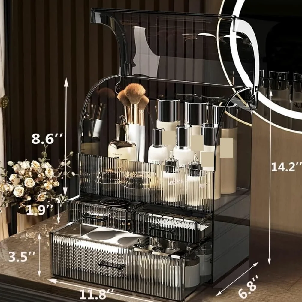 Kosmetik Make Up Organizer Make-up-Aufbewahrungsbox, Acryl-Kosmetik-Aufbewahrungsvitrine Mit Schubladen, Make-up-Organizer-Box Wasserdichter Abdeckung Schmink Beauty Zubehör