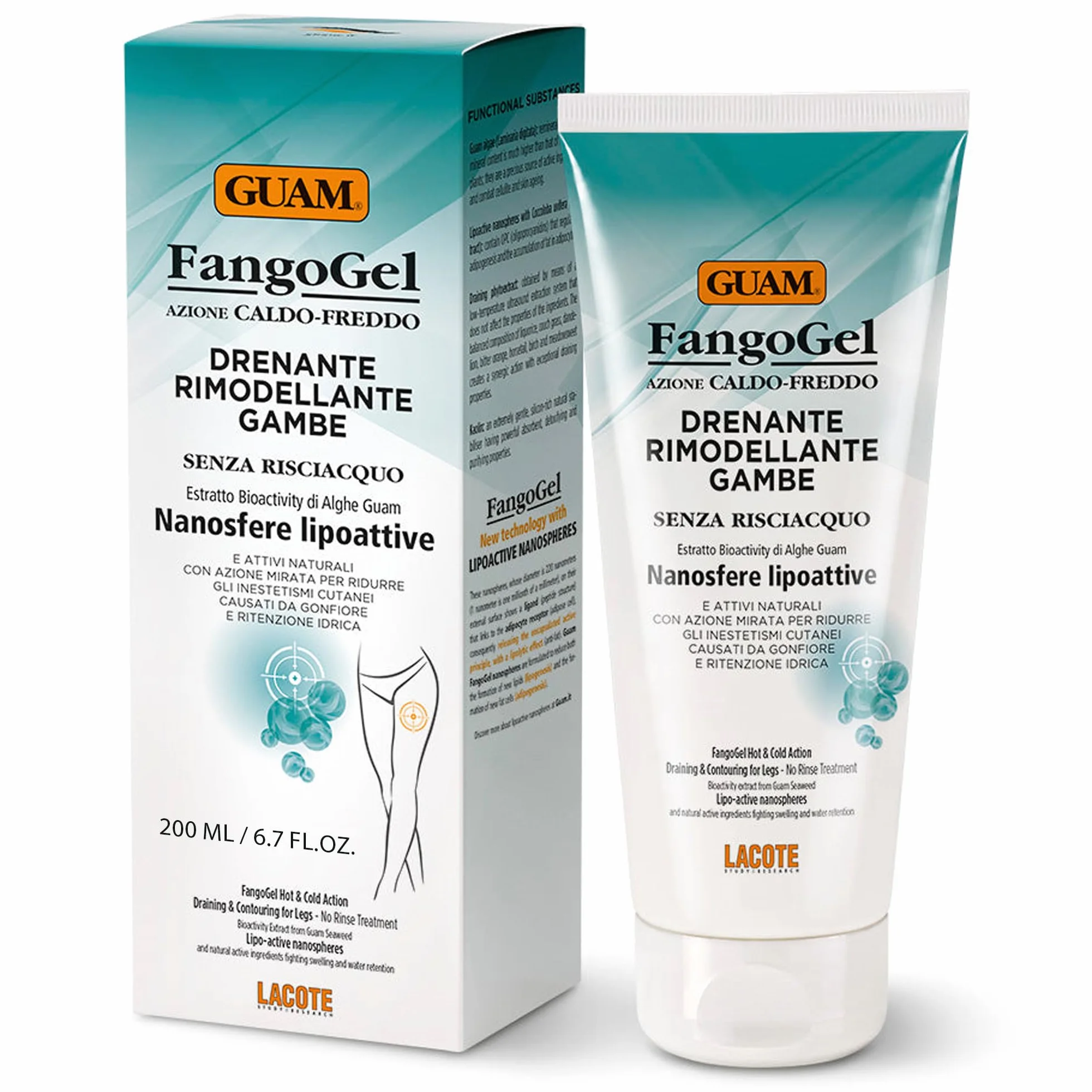 Guam, FangoGel Drainierende Modellierung für Beine, Wärmekälte-Wirkung, ohne Ausspülen, Reduziert Hautunebenheiten durch Schwellungen und Wasseransammlungen, Made in Italy, 200 ml Packung