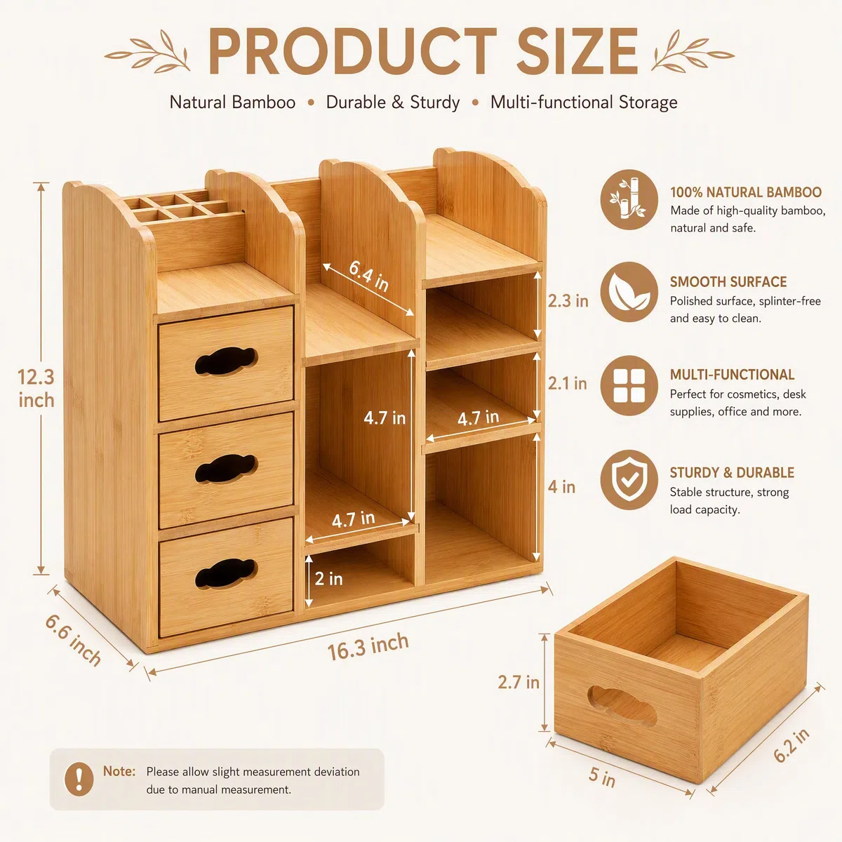 Coloch Make-up-Organizer aus Bambus mit Schubladen, multifunktionale Kommode, Make-up-Aufbewahrung, Tisch-Organizer, Regal für Schreibtisch, Hautpflege, Kosmetik-Display, Schreibwaren-Aufbewahrung