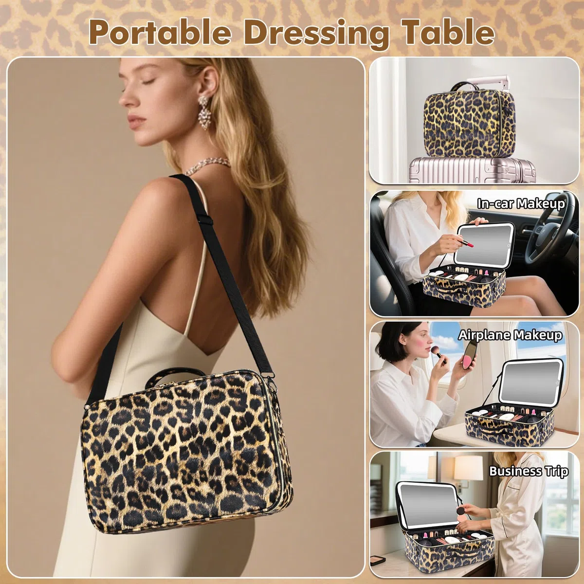 38x28CM Kosmetiktasche mit abnehmbarem LED-Spiegel, Reise-Make-up-Koffer mit 3 dimmbaren Farbenlichtern, Kosmetik-Organizer-Koffer mit großem Fassungsvermögen, abnehmbaren Trennwänden und Schultergurt