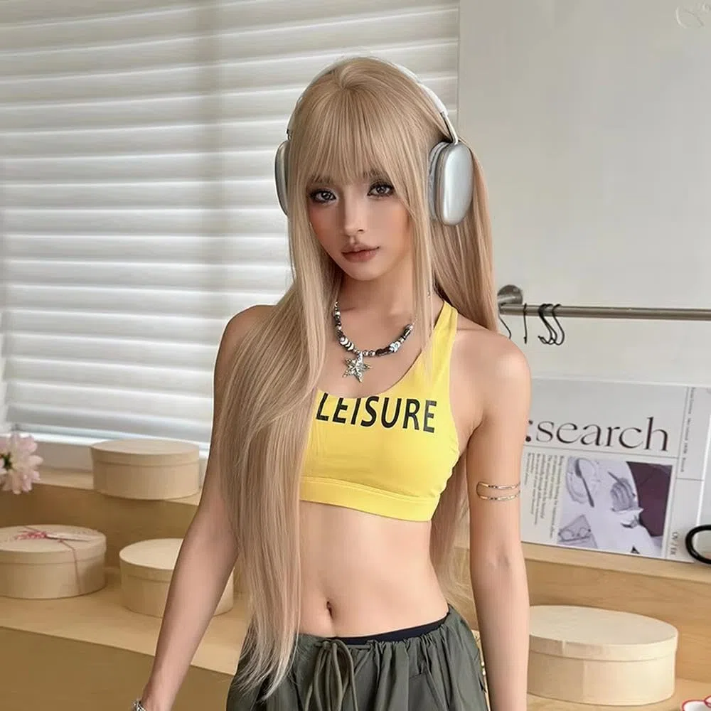 Haarpflege 28-Zoll-blonde Lange Geschichtete Gerade Perücken Für Frauen Superlange Gerade Perücke Mit Pony Hitzebeständige Faserperücken