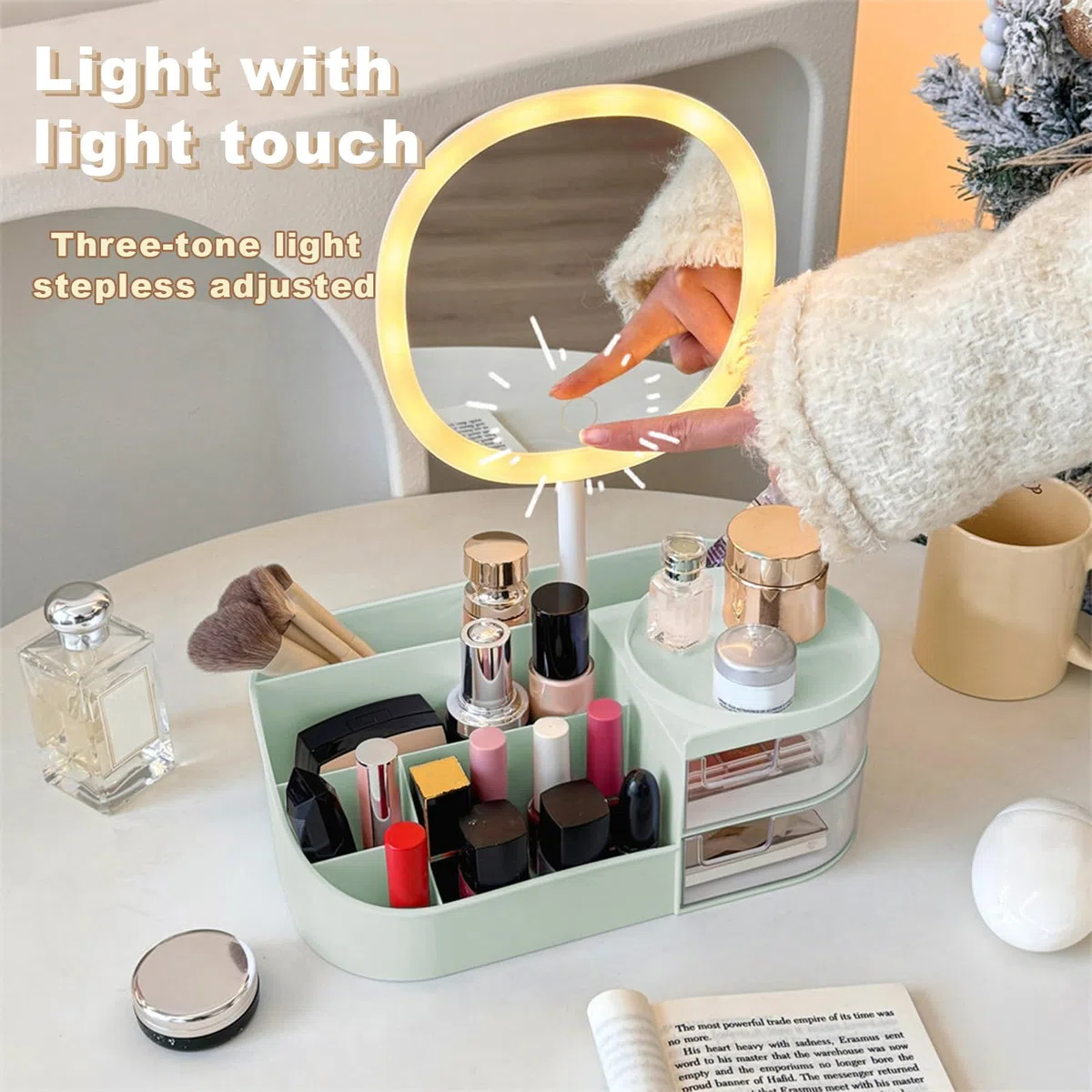 DASITON Make up Organizer mit Spiegel,Make up Pinselhalter mit 2 Schubladen,Multifunktionale Makeup Organizers Kosmetikaufbewahrung,Große Kosmetik Schminke Organizer für Schlafzimmer,Badezimmer(Grün)