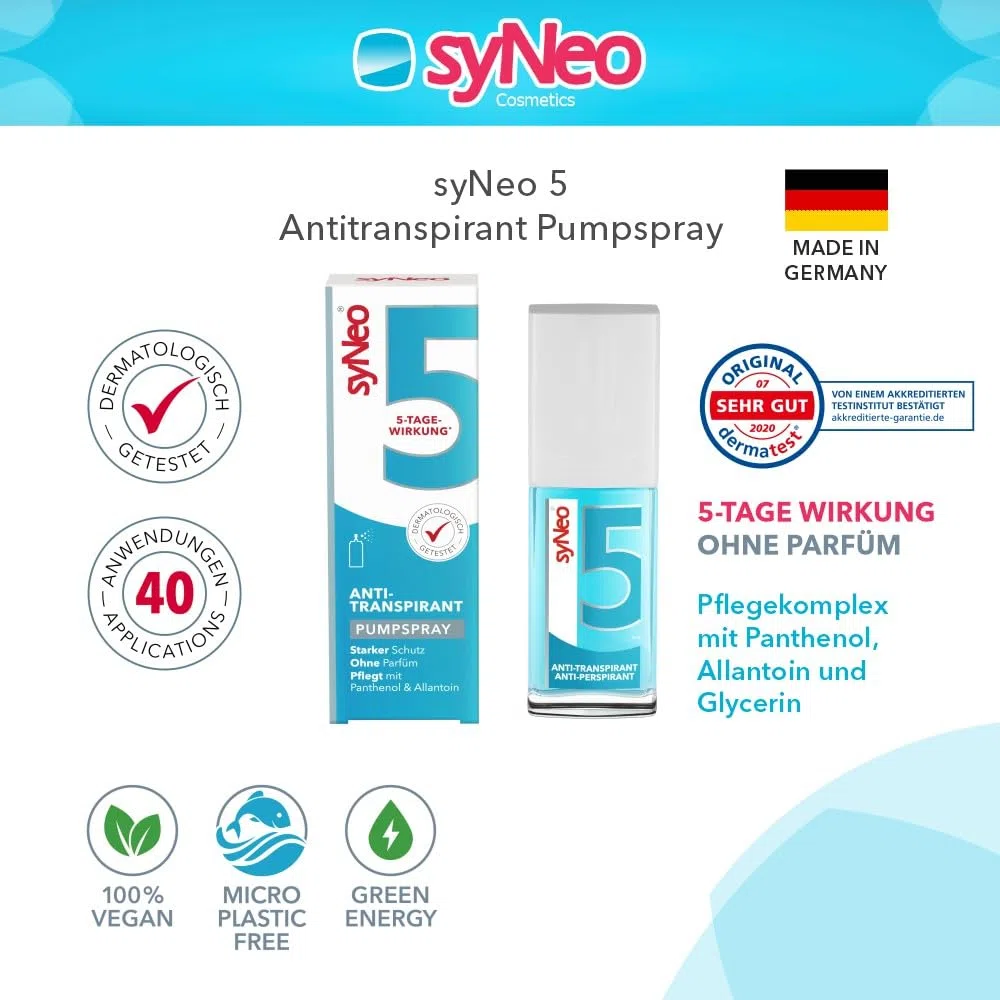 syNeo 5 Antitranspirant Deo Pumpspray – 5-Tage-Wirkung – gegen starkes Schwitzen, Schweiß & Geruch – für Body, Hände & Gesicht – dermatologisch getestet – für Damen & Herren – Made in Germany – 30 ml