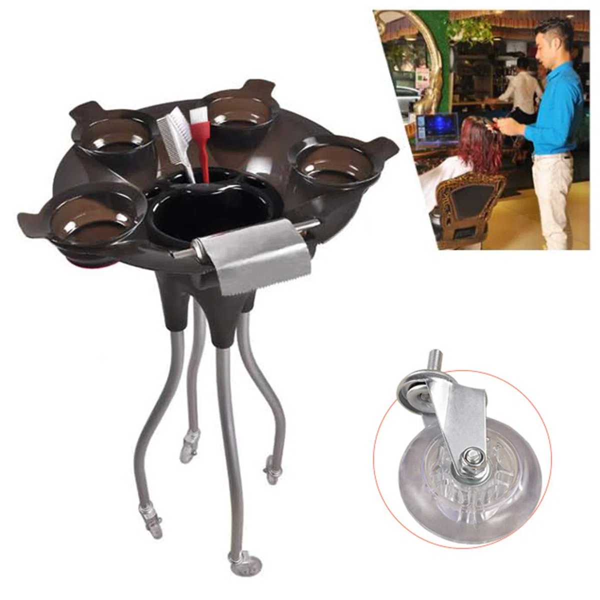 Salon Friseur Trolley Barber Beauty Trolley mit Scrollrad Handwagen Professioneller Schönheitssalon Tray Cart Tool Holder Friseur Farbmisch Tint Dye Schüssel