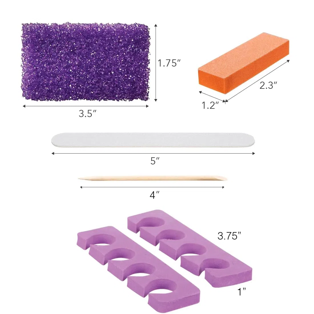 ForPro Pediküre-Set, 5-teilig, 100 Stück, einzeln verpackt, Lila Bimsstein, Holznagelfeile Körnung 80/100, Mini-Puffer Körnung 80/100, Holzstab, Zehentrenner