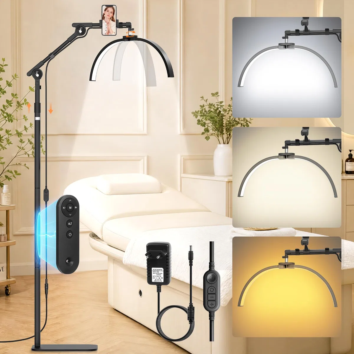 LED Halbmond Wimpern Lampe: 21in Faltbar Wimpernverlängerung Lampe mit 3 Dimmbaren Farben & Drehbar 360° - Verstellbar Wimpernlampe für Make-up Artists, Tätowierer, Salon, Zuhause, Schwarz