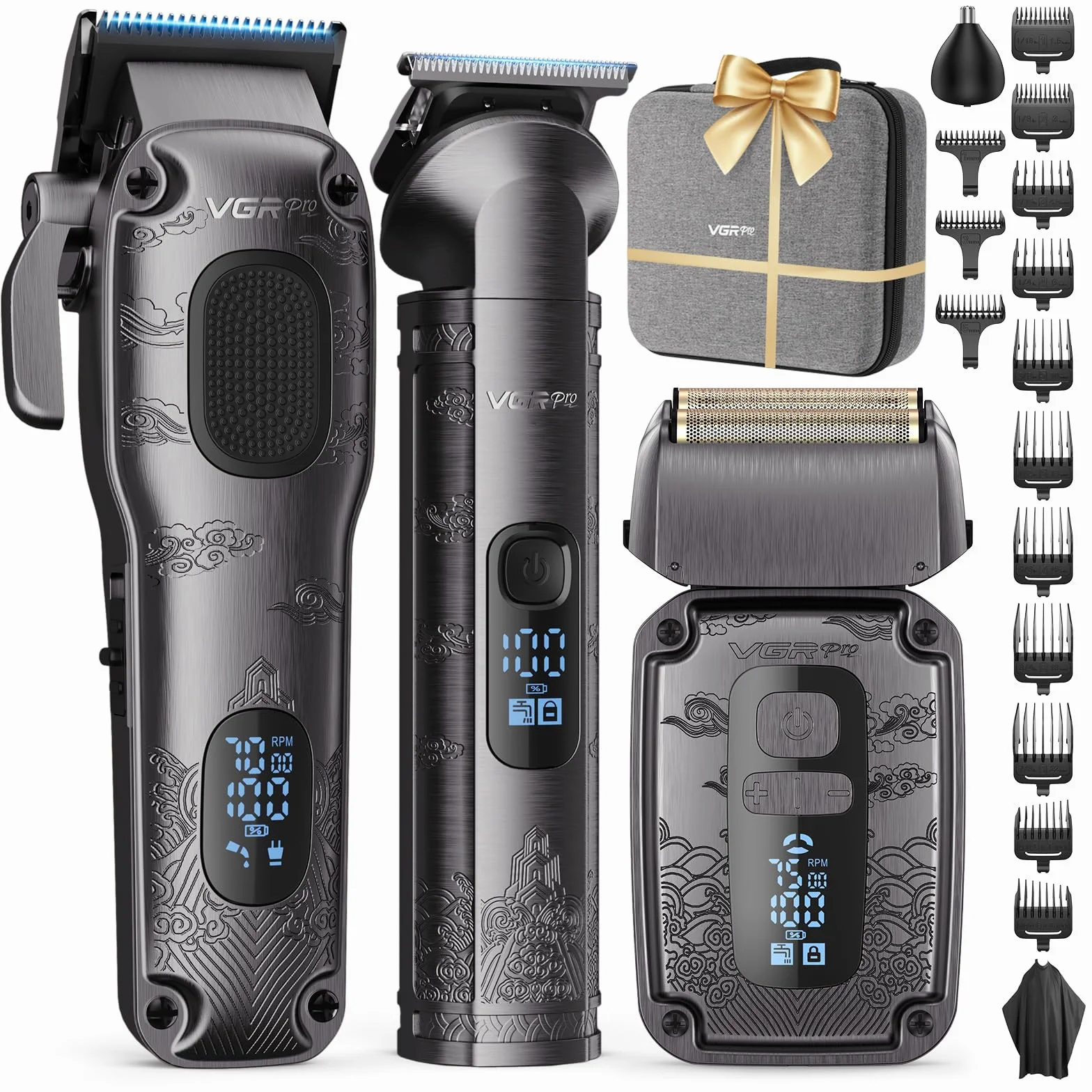 VGRPRO Haarschneidemaschine Profi Trimmer Set, Wasserdichtes Elektrorasierer Folienrasierer, Kabellos, 4-Gang-Einstellung, LED-Batterieanzeige