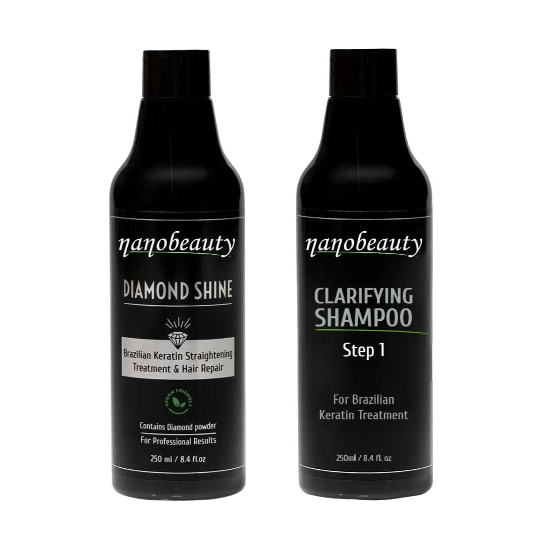 Nanobeauty Brazilian Keratin Hair Straightening Treatment Kit, Diamond Infused, 250ml, Vegan, Blow Dry, Smoothing/Repair, Arganöl, Formaldehyd Free Plus 250ml Shampoo