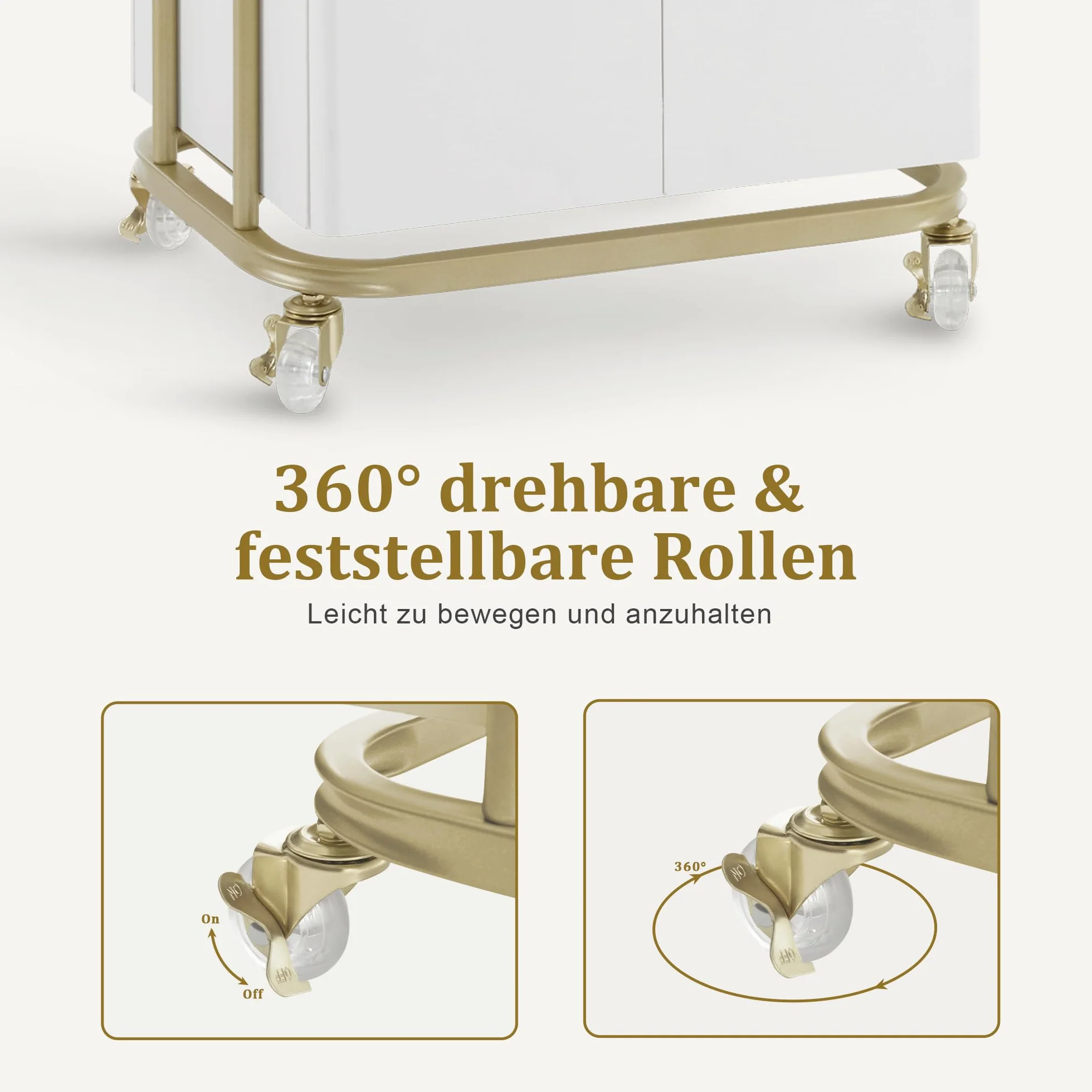M MCombo Servierwagen mit Rollen & Schublade, Rollwagen Friseurwagen Weiß-Gold, Salon Trolley 36x50x87cm