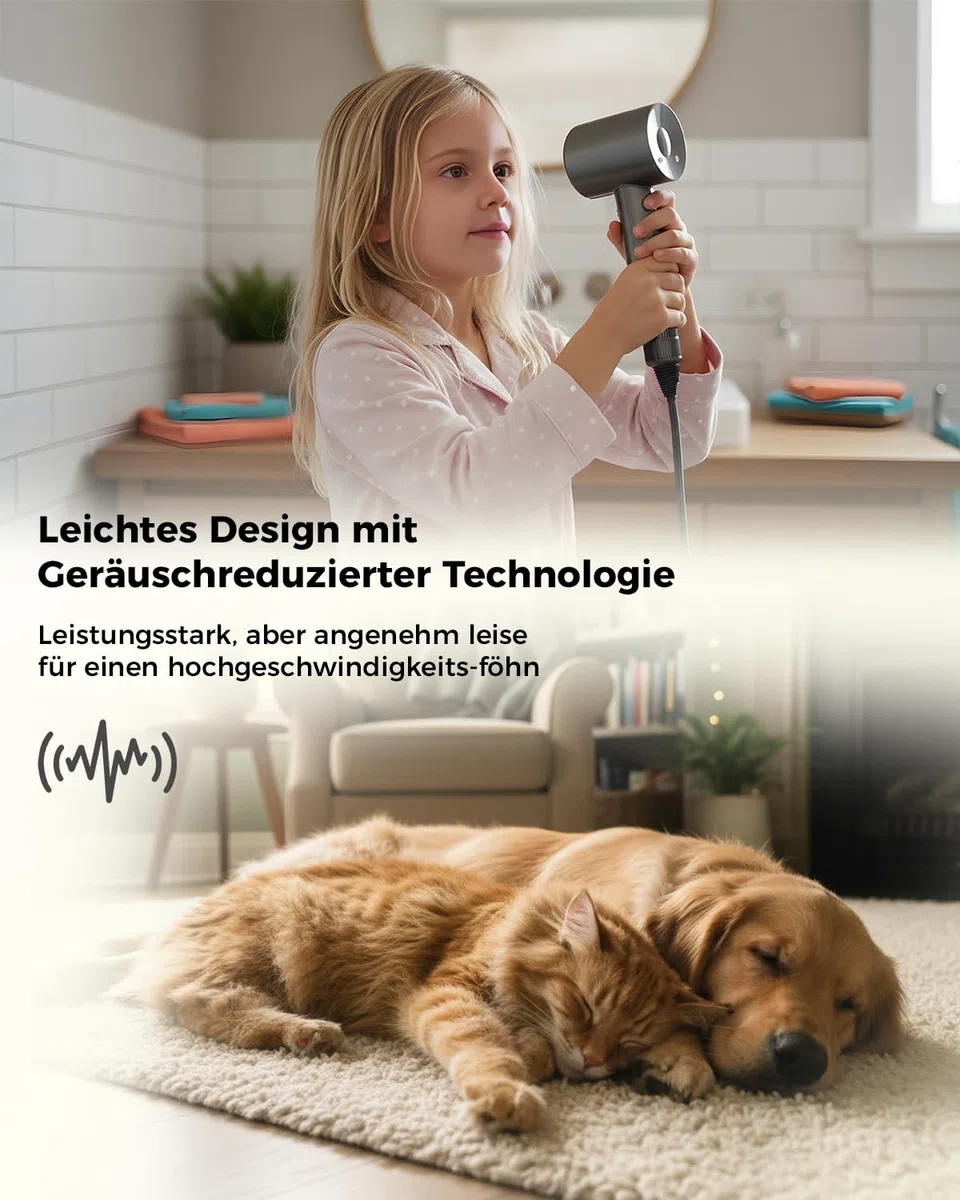 Haartrockner Föhn mit Diffusor – Haarföhn mit 5 Styling-Aufsätzen für Locken und alle Haartypen, 500M Ionen Fön, leiser Betrieb, 1600W bürstenloser Motor, ideal für Reisen und als Geschenk