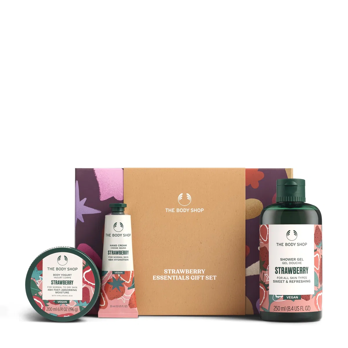The Body Shop Strawberry Essentials Geschenkset (Duschgel 250 ml + Body Yogurt 200 ml + Handcreme 30 ml), fruchtiges, festliches Trio mit saftigem Erdbeerextrakt, erfrischende & feuchtigkeitsspendende