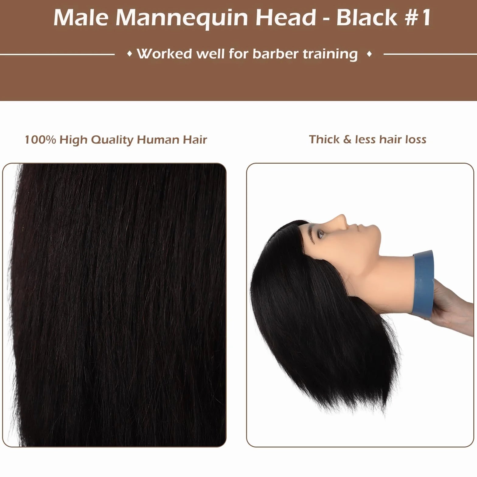 Mann Frisierkopf 100% Echthaar, Frisurenkopf Männlicher Haarschnitt Übungskopf mit Haar, Friseur Kopf Mannequin Head Puppenkopf mit Tischklemme (Schwarz, 35 cm)