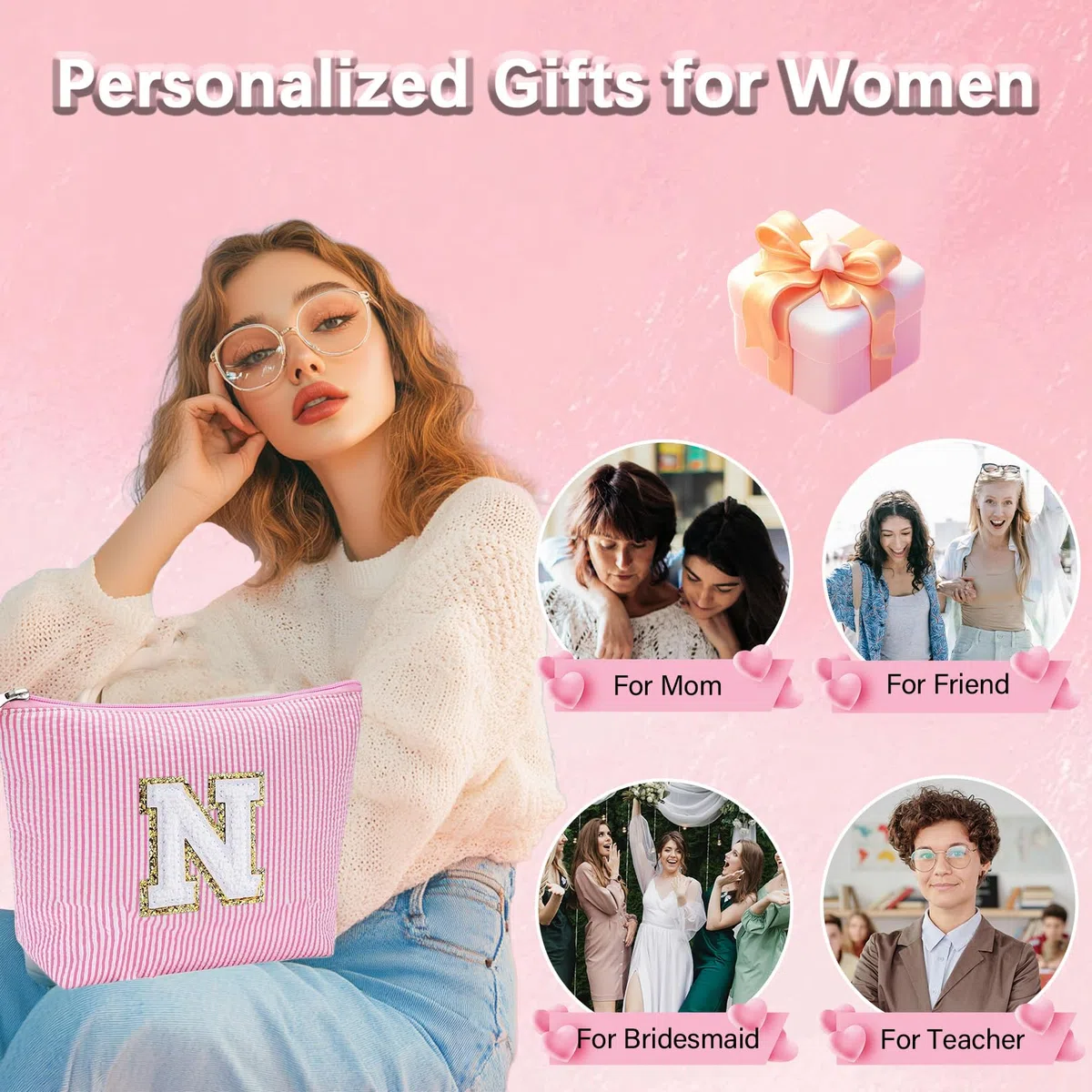 Kosmetiktasche mit Initiale, personalisierbar, Make-up-Tasche, Reise-Kulturbeutel für Mutter, Freundin, Ehefrau, Lehrer, Geburtstagsgeschenk für Frauen, Hautpflege für Mädchen, Pink, Größe S